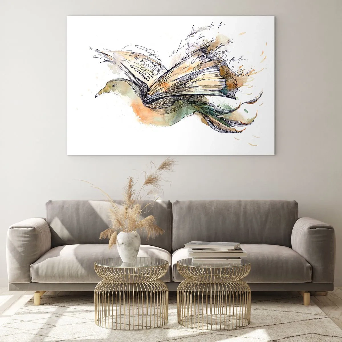Glasbild - Bild auf glas - Ein Vogel aus einem aufgerollten Buch, eine künstlerische Metapher für Wissen - 70x50cm - Auf den Flügeln der Poesie - Moderne Wanddekoration für Wohnzimmer und Schlafzimmer ARTTOR