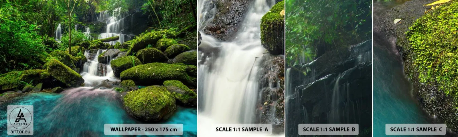 Fototapetenmuster Standard Eco - Türkis, Saphire und flüssiges Silber - Landschaft, Wasserfall, Gebirgsbach - 100x30 cm