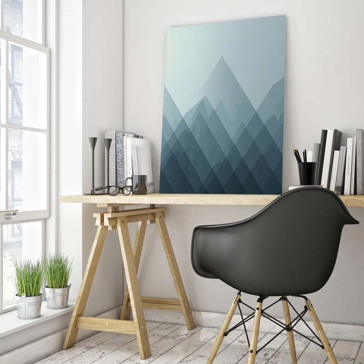 Glasbild - Bild auf glas - Abstrakte, geschichtete Berge in sanften Blautönen - 50x70cm - Groß größer am größten - Moderne Wanddekoration für Wohnzimmer und Schlafzimmer ARTTOR