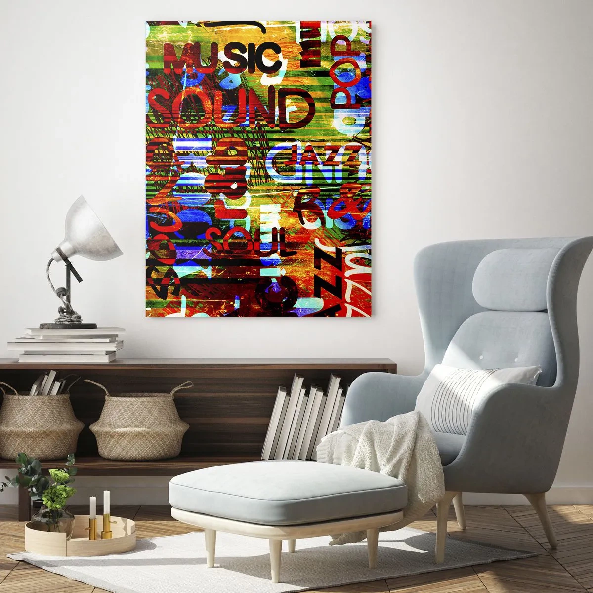 Glasbild - Bild auf glas - Bunte Inschriften auf einem künstlerischen Mosaikhintergrund - 50x70cm - Alle Farben des Klangs - Moderne Wanddekoration für Wohnzimmer und Schlafzimmer ARTTOR