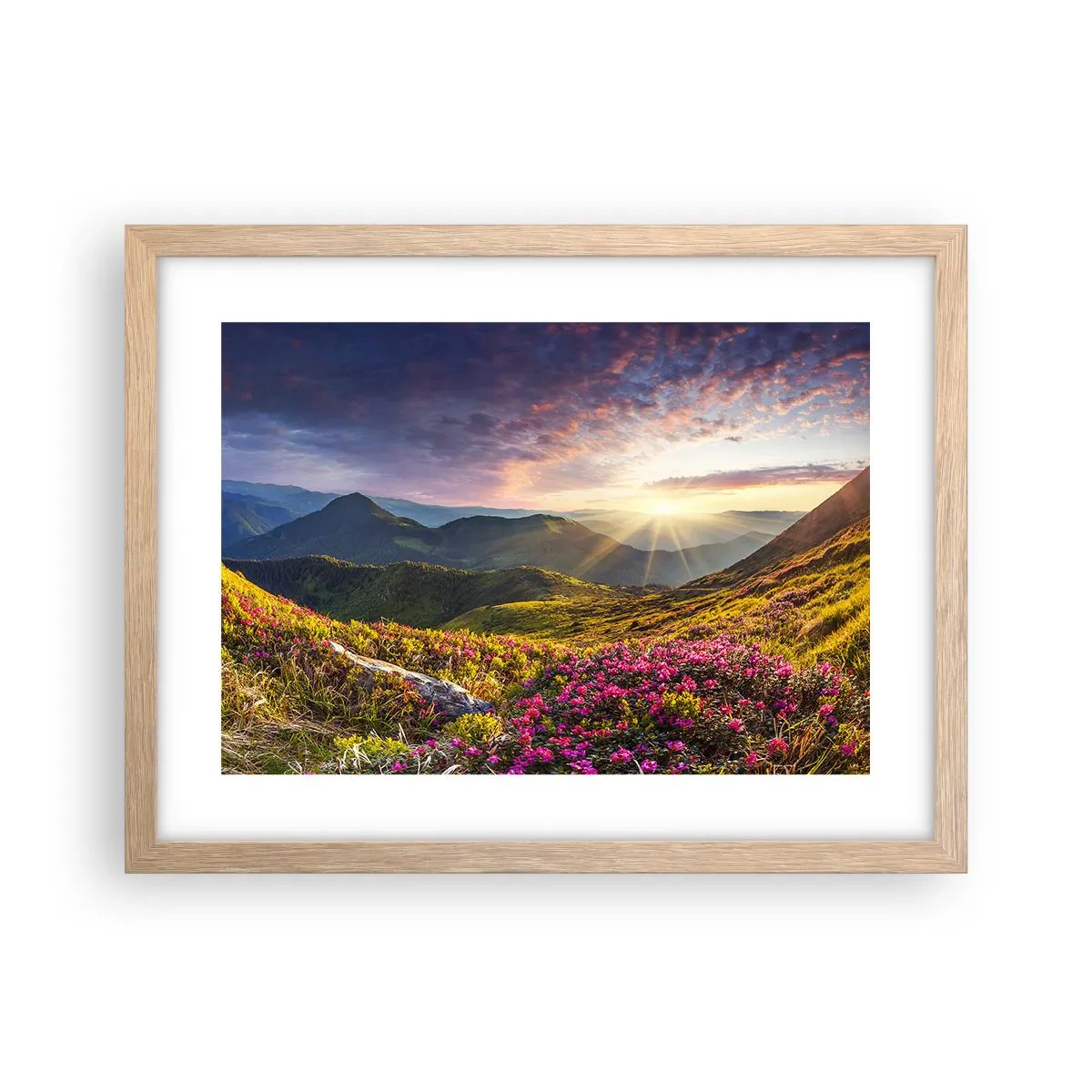 Poster in einem Rahmen aus heller Eiche - Frische am Bergmorgen - 40x30 cm