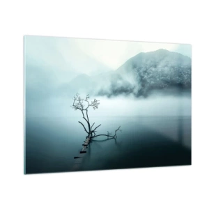 Glasbild - Bild auf glas - Ein einsamer Baum vor der Kulisse der Berge, die in Nebel gehüllt sind, über dem Wasser - 100x70cm - Aus Wasser und Nebel - Moderne Wanddekoration für Wohnzimmer und Schlafzimmer ARTTOR