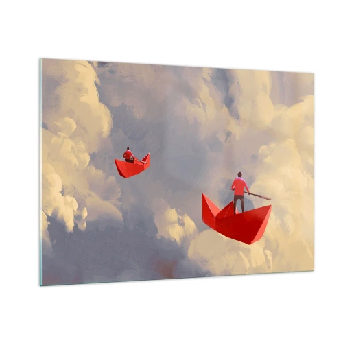 Glasbild - Bild auf glas - Zwei Menschen in roten Booten vor einem bewölkten Himmel - 100x70cm - Expedition der Träumer - Moderne Wanddekoration für Wohnzimmer und Schlafzimmer ARTTOR