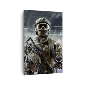 Bild auf Leinwand - Leinwandbild - Ein Soldat in einem futuristischen Helm mit einer Waffe vor dem Hintergrund der Technologie. - 80x120cm - Macht zu Macht - Moderne Wanddekoration für Wohnzimmer und Schlafzimmer ARTTOR