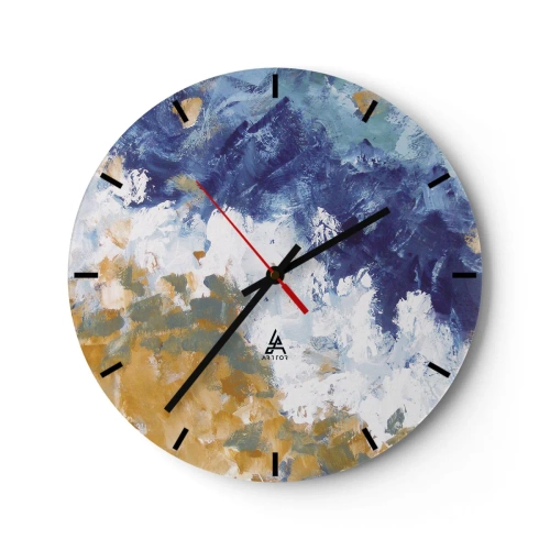 Wanduhr - Glasuhr - Ausdrucksstarke Abstraktion in Blau-, Weiß- und Ockertönen - 30x30cm - Tanz der Naturelemente - Moderne Wanddekoration für Wohnzimmer, Küche und Schlafzimmer ARTTOR
