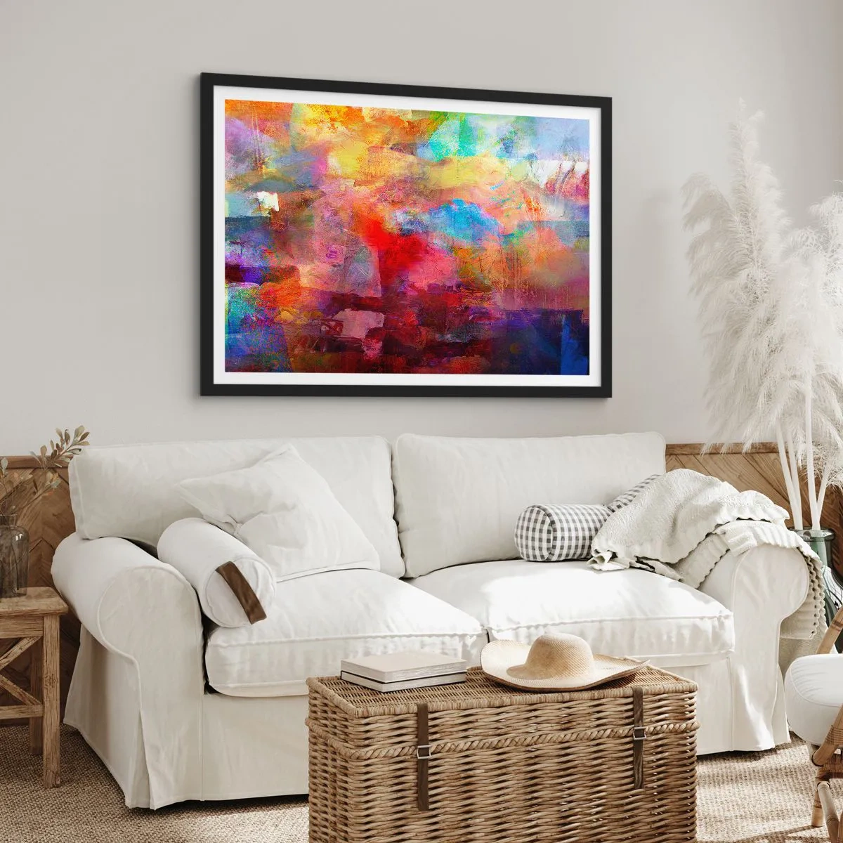 Poster in einem schwarzem Rahmen - Bunte Abstraktion in warmen und kühlen Farbtönen - 70x50cm - Schau in den Regenbogen - Moderne Wanddekoration für Wohnzimmer und Schlafzimmer ARTTOR