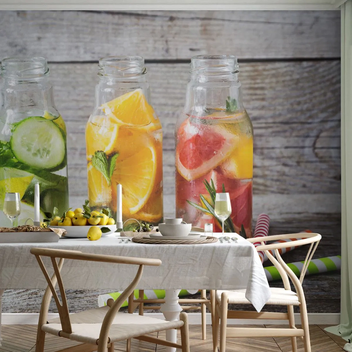 Fototapete Premium Sand - Flaschen mit aromatisiertem Wasser und frischem Obst auf einem hölzernen Hintergrund - 100x70cm - Von Natur aus gesund - Moderne Wanddekoration für Wohnzimmer und Schlafzimmer ARTTOR