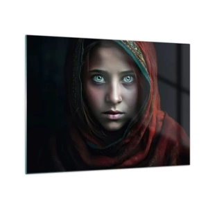 Glasbild - Bild auf glas - Porträt einer Frau mit rotem Schal vor dunklem Hintergrund - 70x50cm - Prinzessin aus dem Osten - Moderne Wanddekoration für Wohnzimmer und Schlafzimmer ARTTOR