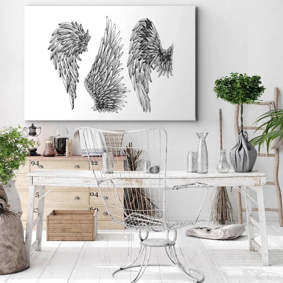 Bild auf Leinwand - Leinwandbild - Drei schwarz-weiße Skizzen von Flügeln im minimalistischen Stil. - 70x50cm - Und du kannst ein Engel werden - Moderne Wanddekoration für Wohnzimmer und Schlafzimmer ARTTOR
