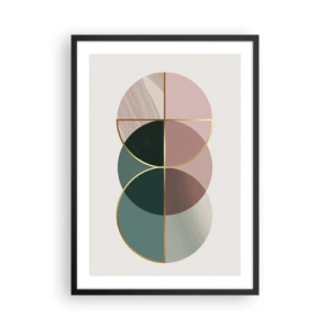 Poster in einem schwarzem Rahmen - Abstrakte geometrische Komposition mit Kreisen und Gold - 50x70cm - Ein Rad hinter dem anderen… - Moderne Wanddekoration für Wohnzimmer und Schlafzimmer ARTTOR