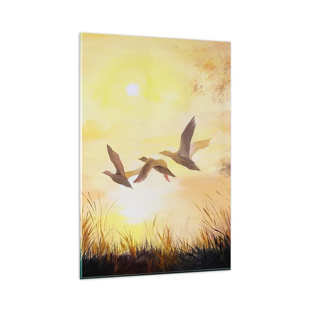 Glasbild - Bild auf glas - Enten fliegen bei Sonnenaufgang über den See - 80x120cm - Der Beginn einer langen Reise - Moderne Wanddekoration für Wohnzimmer und Schlafzimmer ARTTOR