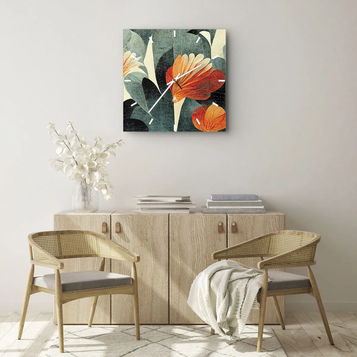 Wanduhr - Glasuhr - Blüten in intensiven Orange- und Grüntönen - 30x30cm - Hitze der Tropen und Kühle des Grüns - Moderne Wanddekoration für Wohnzimmer und Schlafzimmer ARTTOR
