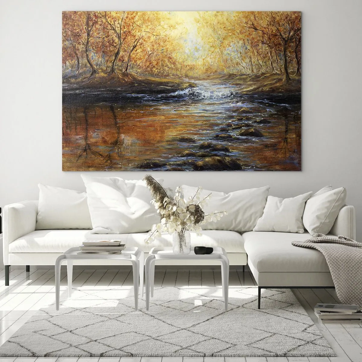 Glasbild - Bild auf glas - Ein goldener Bach im Wald, umgeben von Herbstbäumen - 120x80cm - Der goldene Strom - Moderne Wanddekoration für Wohnzimmer und Schlafzimmer ARTTOR