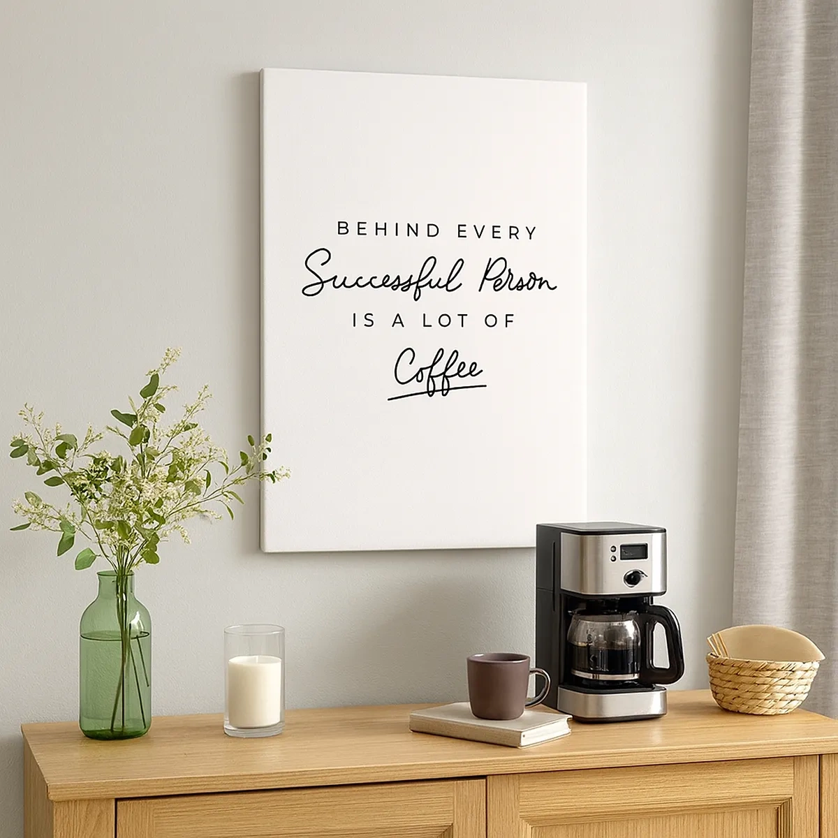 Bild auf Leinwand - Leinwandbild - Ein minimalistisches Zitat über Erfolg und Kaffee auf weißem Hintergrund. - 50x70cm - Erfolgsgeheimnis - Moderne Wanddekoration für Wohnzimmer und Schlafzimmer ARTTOR