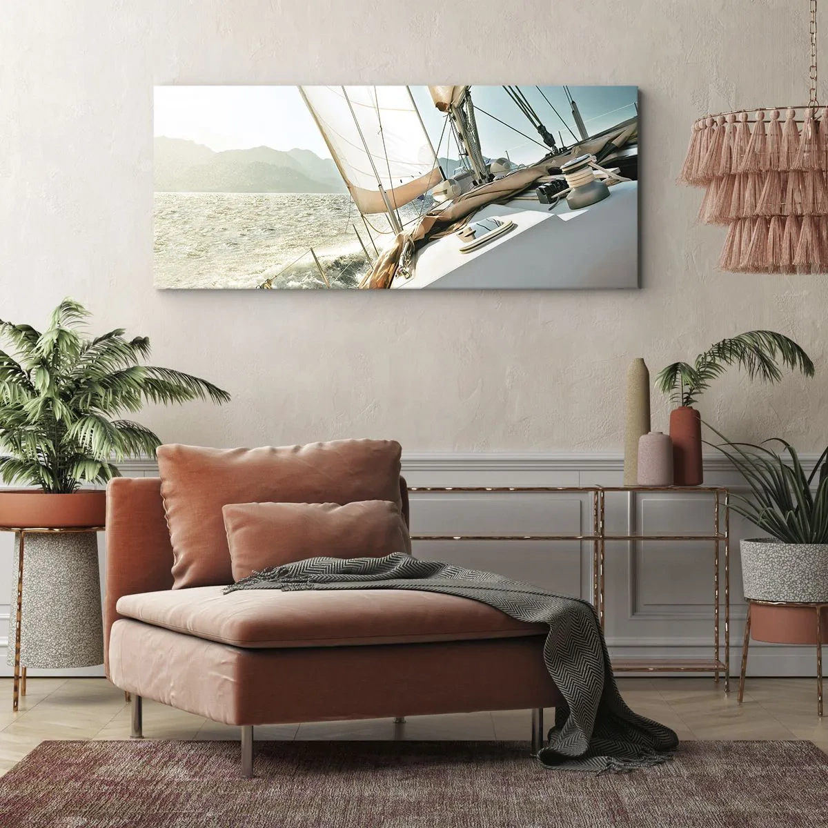Bild auf Leinwand - Leinwandbild - Eine Yacht auf offener See mit Blick auf die Berge - 120x50cm - Unter vollen Segeln - Moderne Wanddekoration für Wohnzimmer und Schlafzimmer ARTTOR