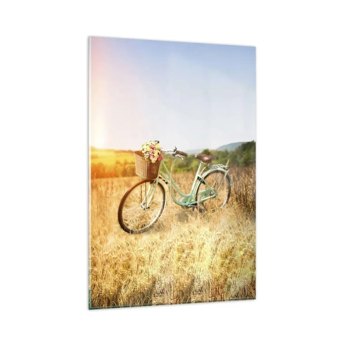 Glasbild - Bild auf glas - Ein Retro-Fahrrad mit einem Korb voller Blumen vor einem Wiesenhintergrund. - 80x120cm - Ich bleibe eine Weile hier - Moderne Wanddekoration für Wohnzimmer und Schlafzimmer ARTTOR