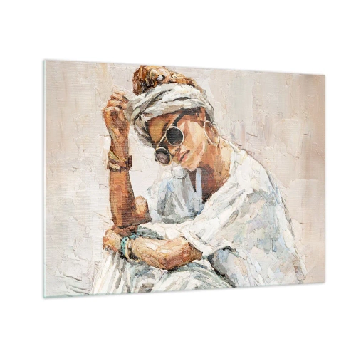 Glasbild - Bild auf glas - Porträt einer Frau mit Brille und Turban, gemalt mit einem Spachtel - 70x50cm - Porträt in voller Sonne - Moderne Wanddekoration für Wohnzimmer und Schlafzimmer ARTTOR