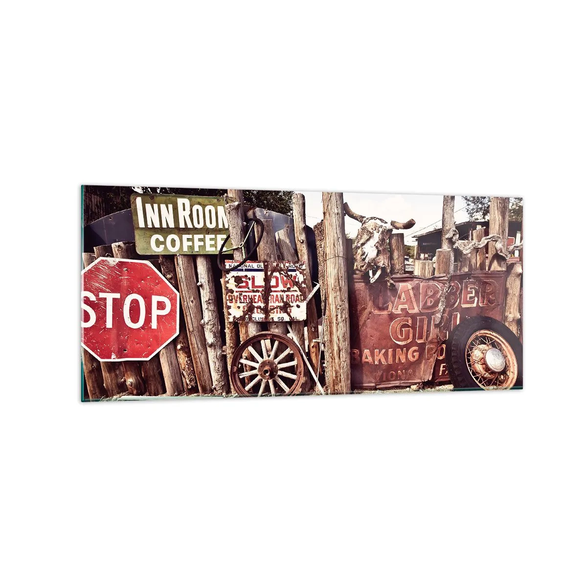 Glasbild - Bild auf glas - Rustikale Dekoration mit Schildern und einem Rad am Zaun - 120x50cm - Und die Zeit ist stehen geblieben - Moderne Wanddekoration für Wohnzimmer und Schlafzimmer ARTTOR