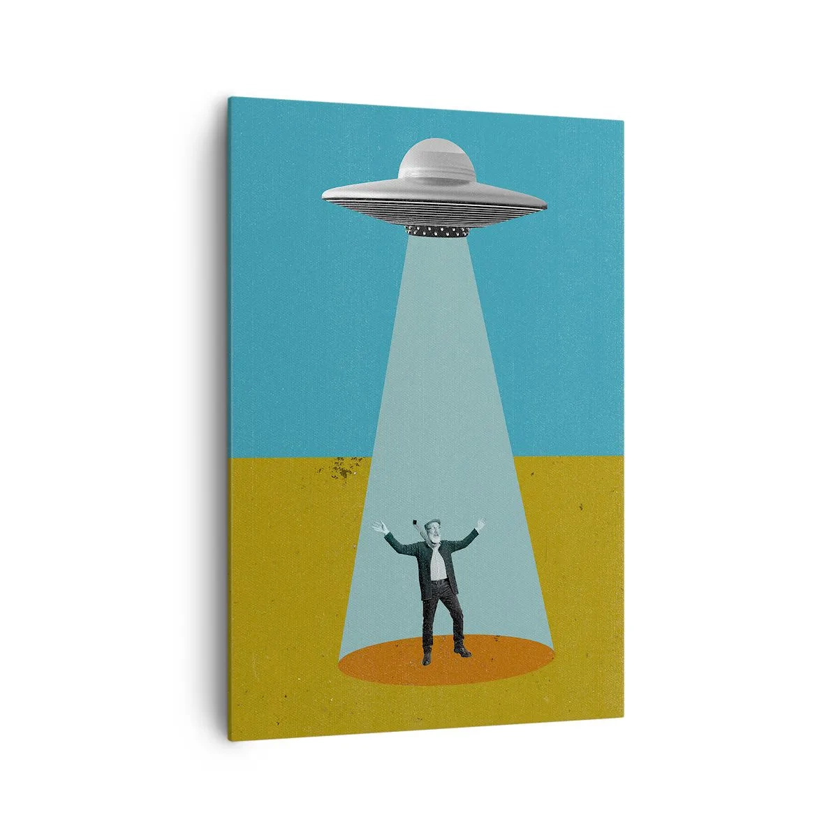 Bild auf Leinwand - Leinwandbild - Ein Mann im Licht eines UFOs vor dem Hintergrund einer farbenfrohen Landschaft - 70x100cm - Nahe Begegnung - Moderne Wanddekoration für Wohnzimmer und Schlafzimmer ARTTOR