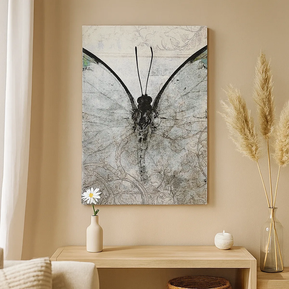 Bild auf Leinwand - Leinwandbild - Ein Schmetterling in Grün- und Grautönen auf dekorativem Hintergrund - 50x70cm - Im Jugendstil - Moderne Wanddekoration für Wohnzimmer und Schlafzimmer ARTTOR
