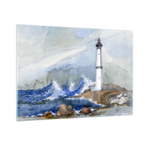 Glasbild - Bild auf glas - Ein Leuchtturm an stürmischer See im Aquarellstil - 100x70cm - Gegen die Dunkelheit und den Sturm - Moderne Wanddekoration für Wohnzimmer und Schlafzimmer ARTTOR