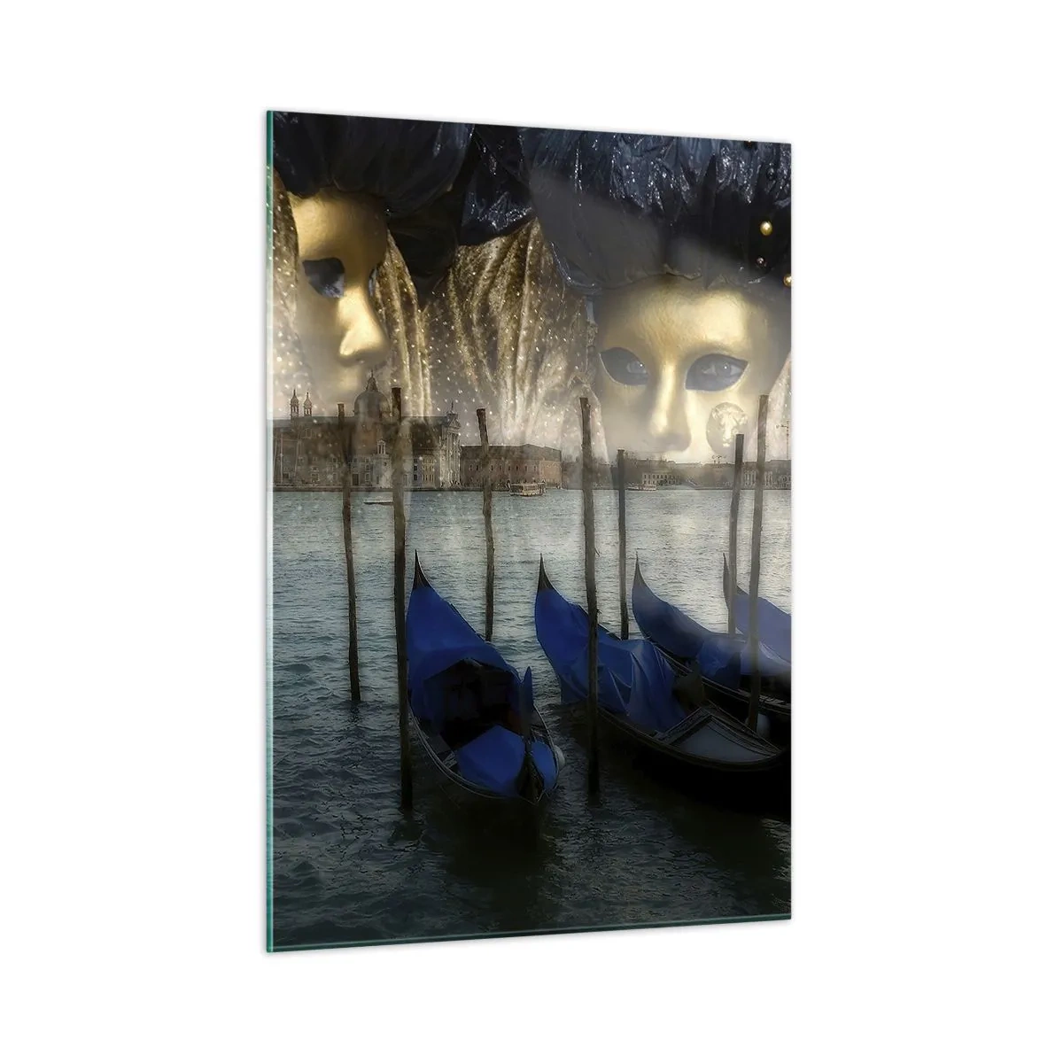 Glasbild - Bild auf glas - Venedig mit Gondeln und Karnevalsmasken - 50x70cm - Es ist Zeit, den Karneval zu starten - Moderne Wanddekoration für Wohnzimmer und Schlafzimmer ARTTOR