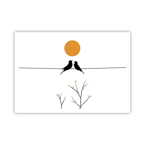 Poster - Vögel auf einer Linie mit einer gelben Sonne - 100x70cm - Abend der Nachtigallen - Moderne Wanddekoration für Wohnzimmer und Schlafzimmer ARTTOR