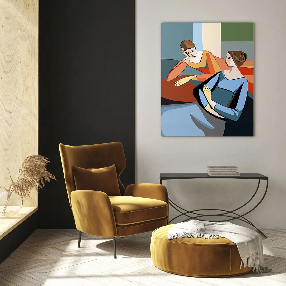 Glasbild - Bild auf glas - Abstrakte Darstellung zweier Frauen im kubistischen Stil - 70x100cm - Moment der Zuversicht - Moderne Wanddekoration für Wohnzimmer und Schlafzimmer ARTTOR