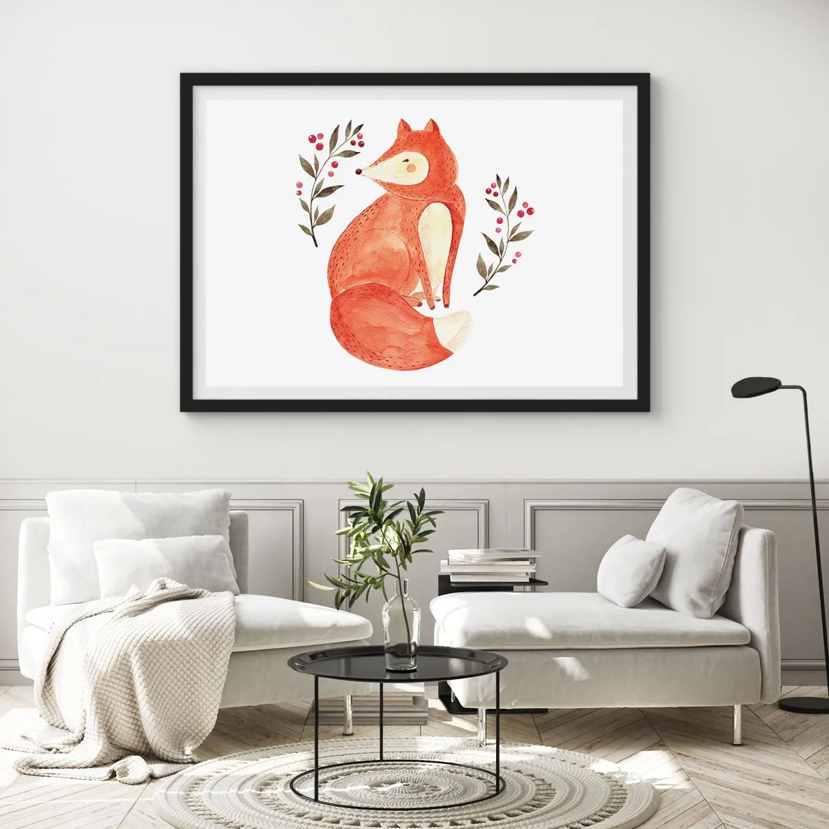 Poster in einem schwarzem Rahmen - Ein Aquarellfuchs, umgeben von Zweigen mit Beeren - 70x50cm - Kleine Rothaarige - Moderne Wanddekoration für Wohnzimmer und Schlafzimmer ARTTOR
