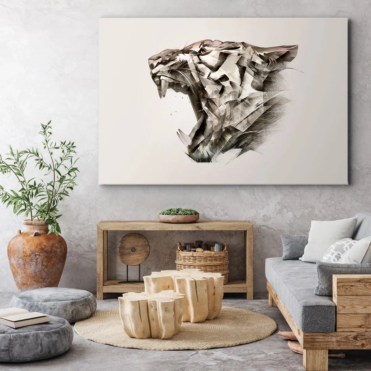 Bild auf Leinwand - Leinwandbild - Abstraktes Bild eines Tigers in Beigetönen - 70x50cm - Du weißt schon wer das Sagen hat - Moderne Wanddekoration für Wohnzimmer und Schlafzimmer ARTTOR