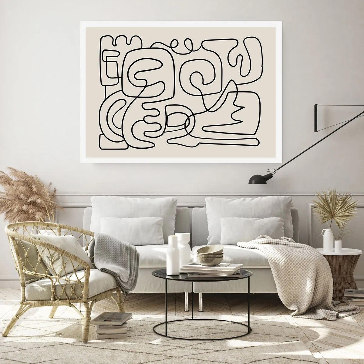 Poster - Abstraktes Linienkunstmuster in Schwarz auf hellem Hintergrund - 100x70cm - Folge der Spur - Moderne Wanddekoration für Wohnzimmer und Schlafzimmer ARTTOR