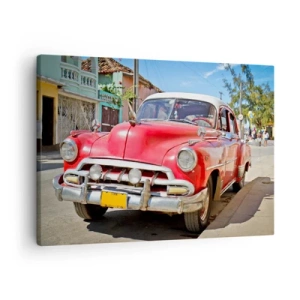 Bild auf Leinwand - Leinwandbild - Ein roter Oldtimer, der an einem sonnigen Tag auf der Straße geparkt ist - 70x50cm - Nur in Kuba - Moderne Wanddekoration für Wohnzimmer und Schlafzimmer ARTTOR