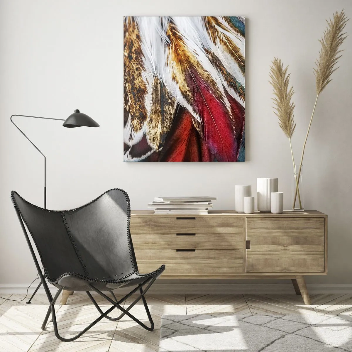 Glasbild - Bild auf glas - Nahaufnahme von mehrfarbigen Federn in leuchtenden, intensiven Farben - 70x100cm - Geheimnisse des Fliegens - Moderne Wanddekoration für Wohnzimmer und Schlafzimmer ARTTOR