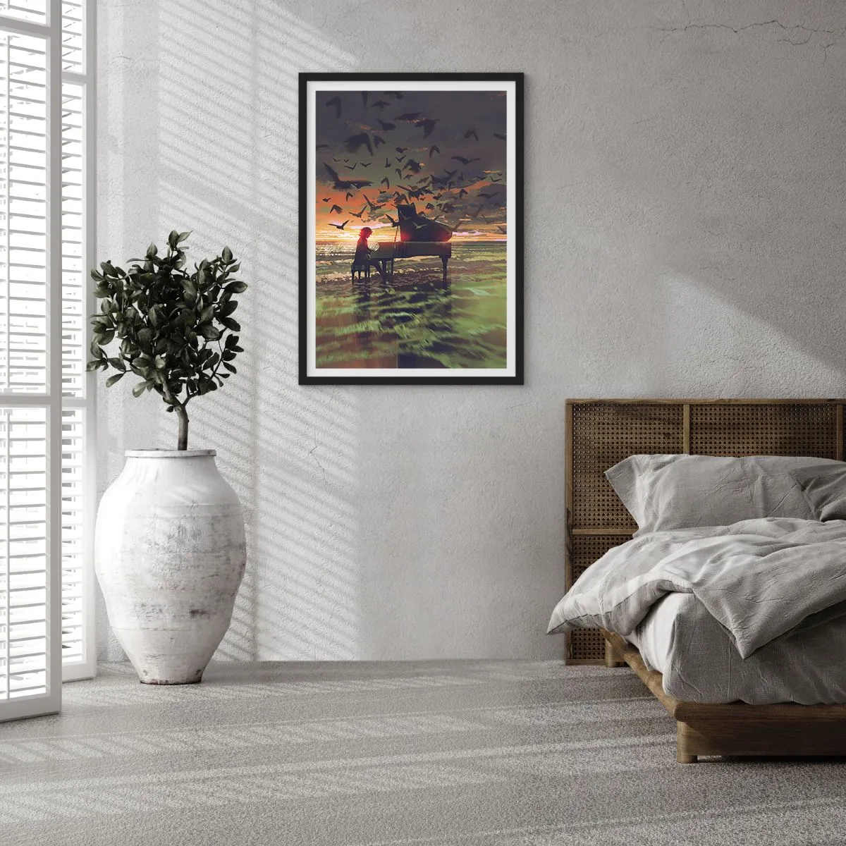 Poster in einem schwarzem Rahmen - Silhouette eines Pianisten vor dem Hintergrund eines Sonnenuntergangs - 50x70cm - Konzert für Klavier und Wellen - Moderne Wanddekoration für Wohnzimmer und Schlafzimmer ARTTOR