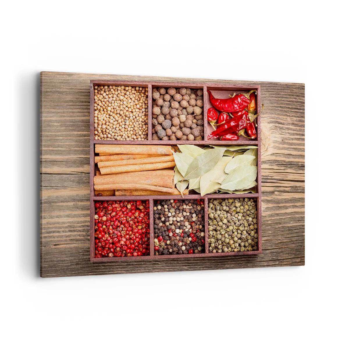 Bild auf Leinwand - Leinwandbild - Holzkiste mit verschiedenen Gewürzen in Fächern - 100x70cm - Ordnung der Formen, Bouquet von Aromen - Moderne Wanddekoration für Wohnzimmer und Schlafzimmer ARTTOR