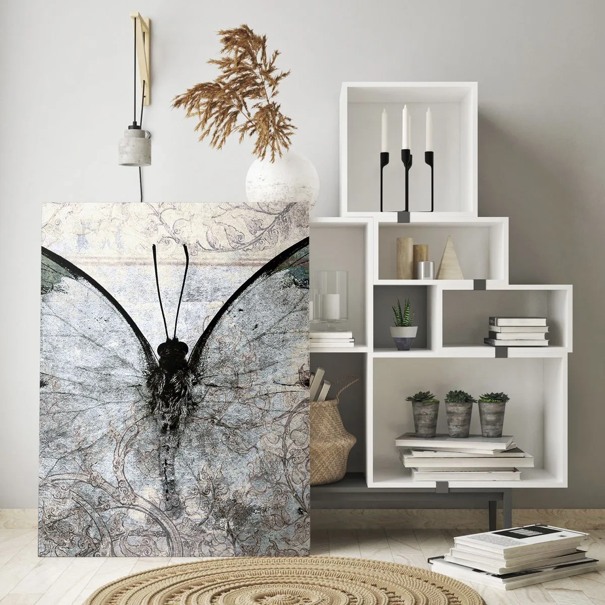 Glasbild - Bild auf glas - Ein Schmetterling in Grün- und Grautönen auf dekorativem Hintergrund - 70x100cm - Im Jugendstil - Moderne Wanddekoration für Wohnzimmer und Schlafzimmer ARTTOR