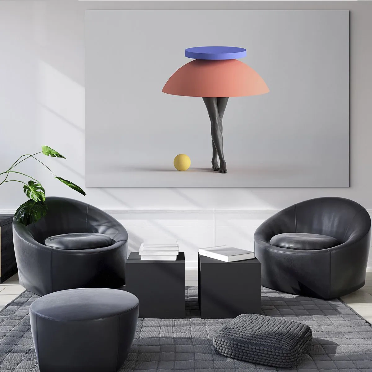 Glasbild - Bild auf glas - Eine surreale Figur aus geometrischen Formen und Beinen - 120x80cm - Surrealistische Komposition - Moderne Wanddekoration für Wohnzimmer und Schlafzimmer ARTTOR