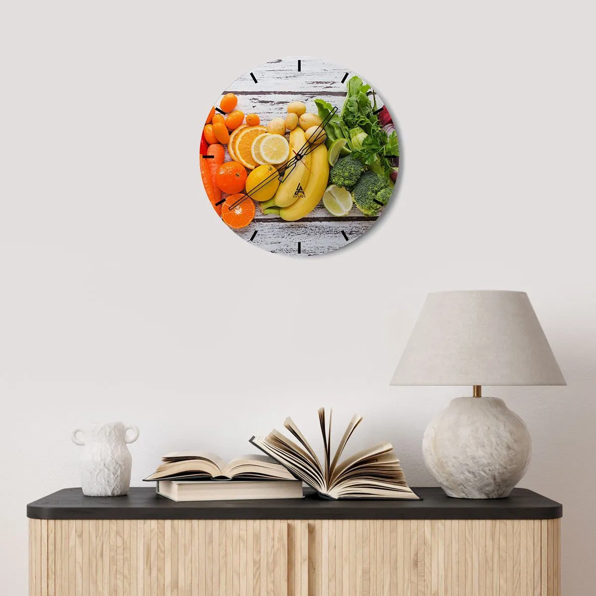 Wanduhr - Glasuhr - Buntes Obst und Gemüse auf einem hölzernen Hintergrund - 30x30cm - Es ist nicht genug? - Moderne Wanddekoration für Wohnzimmer, Küche und Schlafzimmer ARTTOR