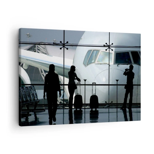 Bild auf Leinwand - Leinwandbild - Flughafen mit Silhouetten von Menschen und Blick auf das Flugzeug - 70x50cm - Vis a vis am Flughafen - Moderne Wanddekoration für Wohnzimmer und Schlafzimmer ARTTOR