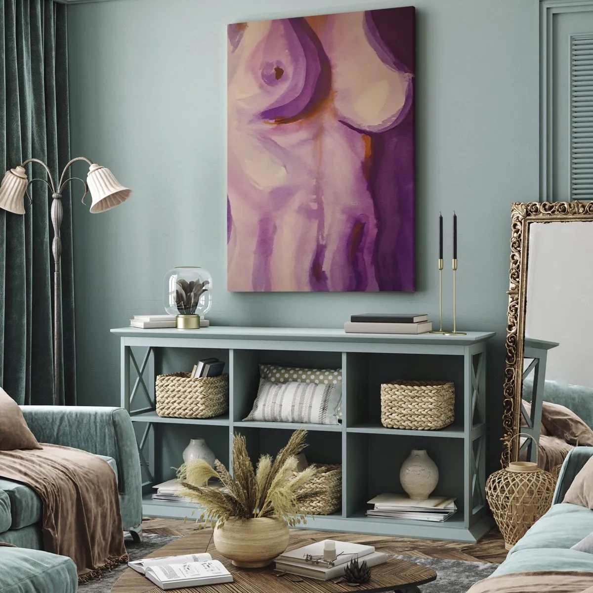 Bild auf Leinwand - Leinwandbild - Eine abstrakte Interpretation der weiblichen Silhouette in Rosa- und Lilatönen. - 80x120cm - Ode an die Weiblichkeit - Moderne Wanddekoration für Wohnzimmer und Schlafzimmer ARTTOR