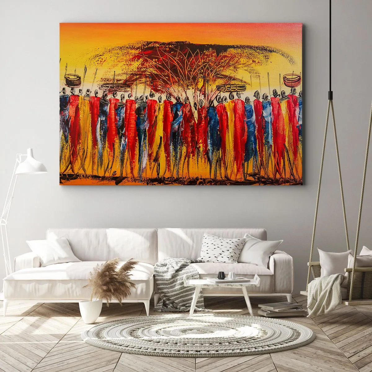 Bild auf Leinwand - Leinwandbild - Eine farbenfrohe Szene mit afrikanischen Figuren vor dem Hintergrund der untergehenden Sonne. - 120x80cm - Dort, dort, dort gehen sie - Moderne Wanddekoration für Wohnzimmer und Schlafzimmer ARTTOR