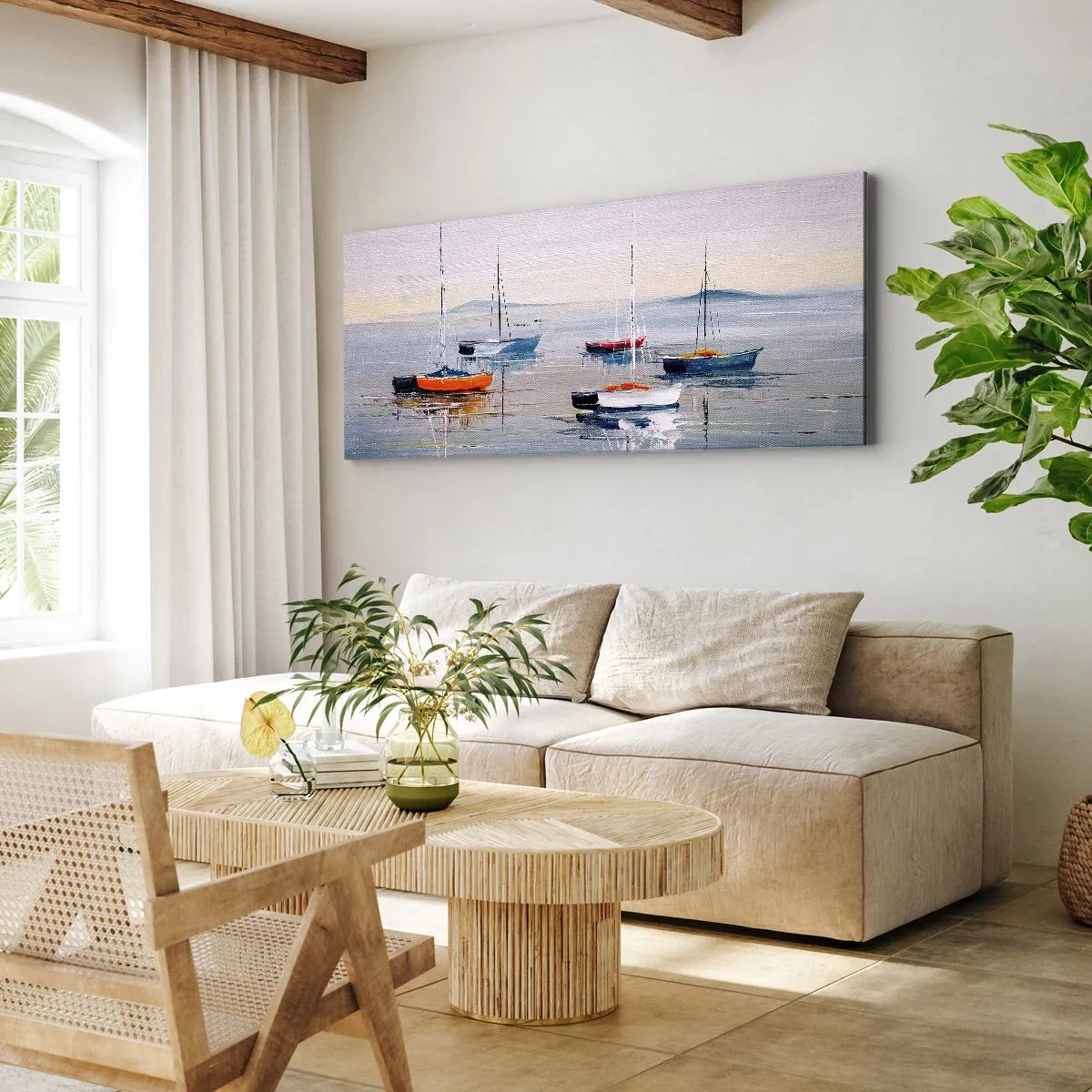 Bild auf Leinwand - Leinwandbild - Bunte Boote auf ruhigem Wasser - 140x50cm - Wohlverdiente Ruhe - Moderne Wanddekoration für Wohnzimmer und Schlafzimmer ARTTOR