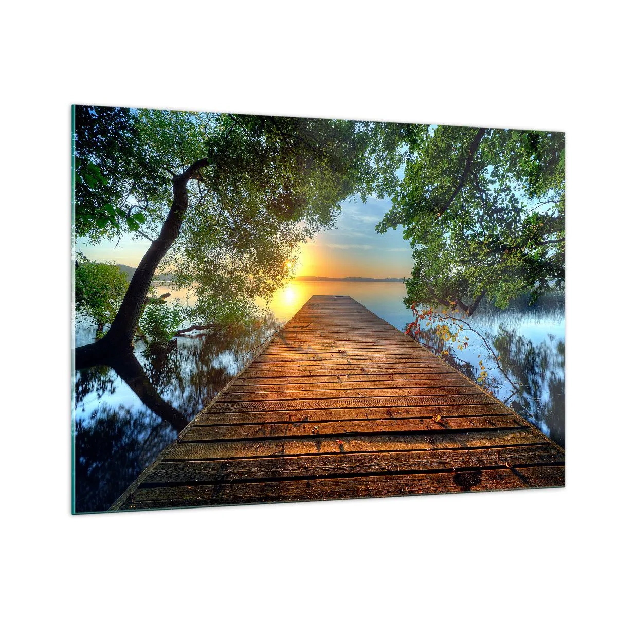 Glasbild - Bild auf glas - Holzsteg über dem See bei Sonnenuntergang - 100x70cm - Nimm dir Zeit, setz dich hin - Moderne Wanddekoration für Wohnzimmer und Schlafzimmer ARTTOR