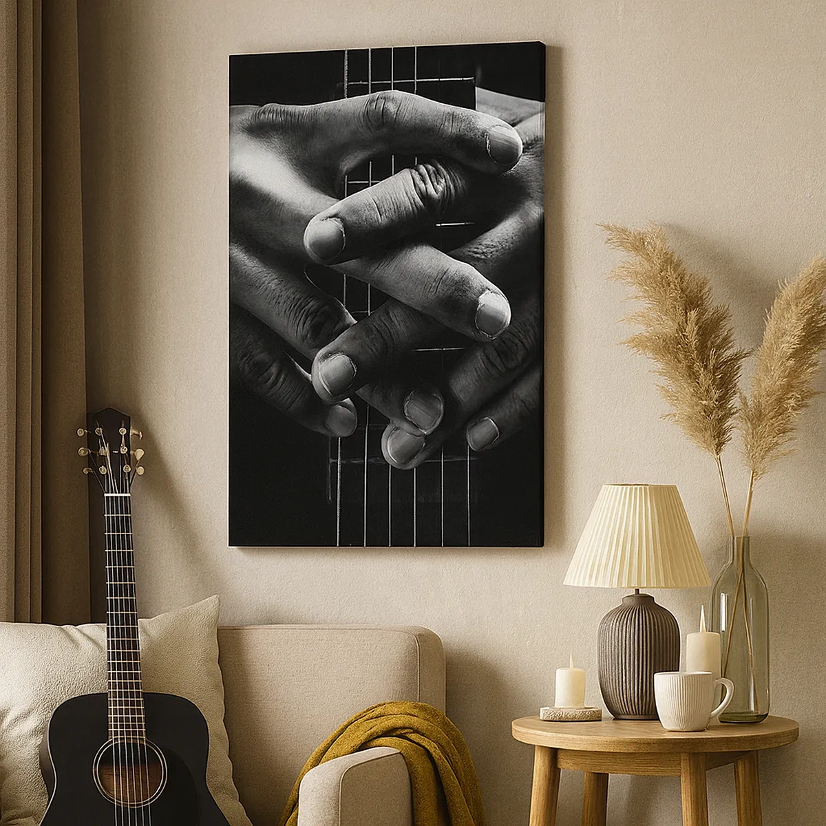 Bild auf Leinwand - Leinwandbild - Hände auf einer Gitarre in einem monochromen Ton gefaltet - 50x70cm - Gebet des Künstlers - Moderne Wanddekoration für Wohnzimmer und Schlafzimmer ARTTOR