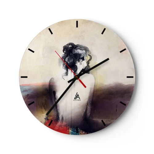Wanduhr - Glasuhr - Ein subtiles Porträt einer Frau mit dem Rücken zu einem pastellfarbenen Hintergrund. - 30x30cm - Glatte Linien, ovale Formen - Moderne Wanddekoration für Wohnzimmer, Küche und Schlafzimmer ARTTOR