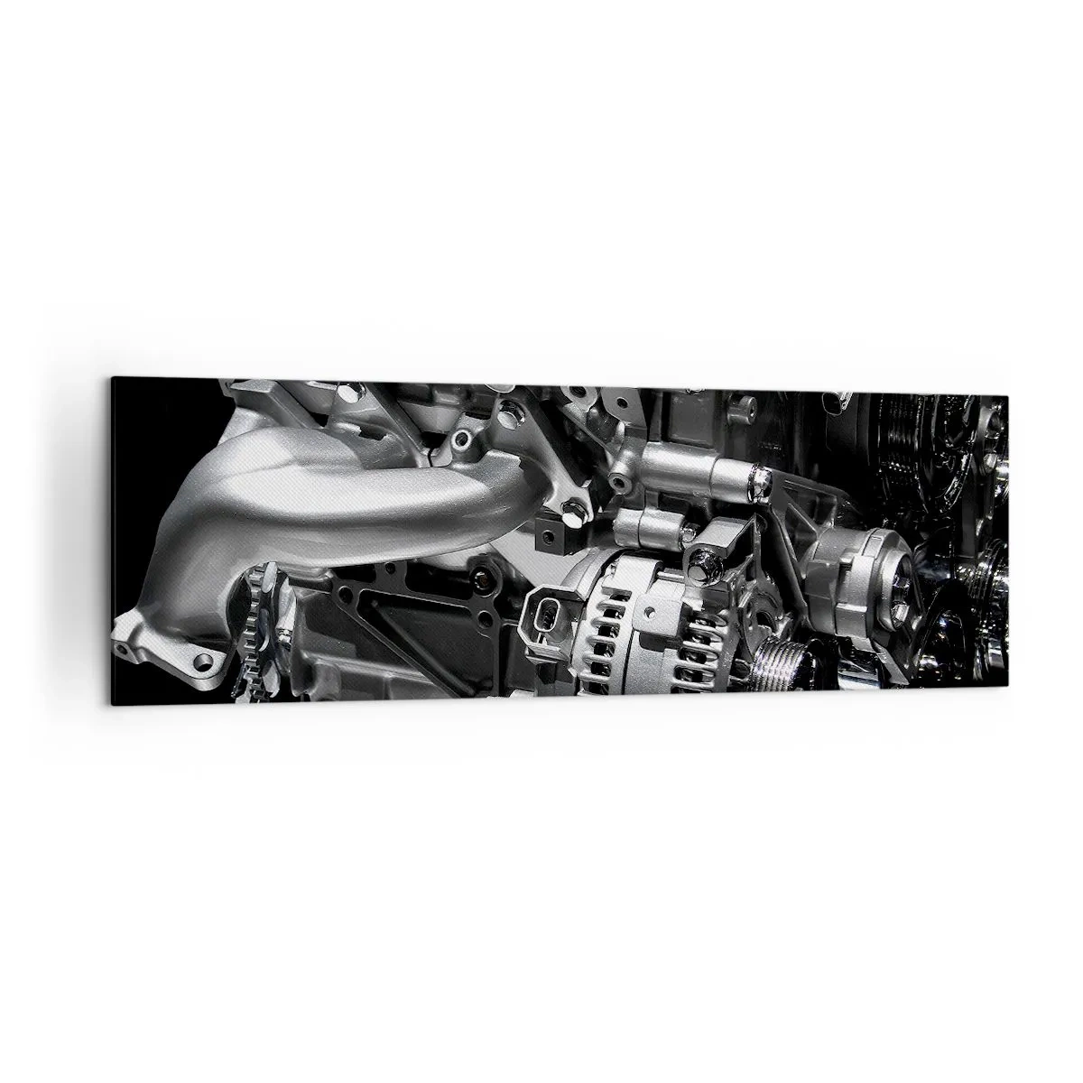 Bild auf Leinwand - Leinwandbild - Nahaufnahme von metallischen Motorteilen auf schwarzem Hintergrund - 160x50cm - Stahl, schön, stark - Moderne Wanddekoration für Wohnzimmer und Schlafzimmer ARTTOR