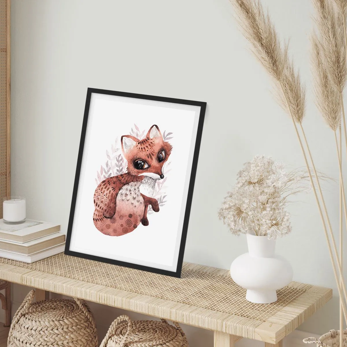 Poster in einem schwarzem Rahmen - Ein süßer Aquarellfuchs auf weißem Hintergrund - 50x70cm - Einfach lieben - Moderne Wanddekoration für Wohnzimmer und Schlafzimmer ARTTOR