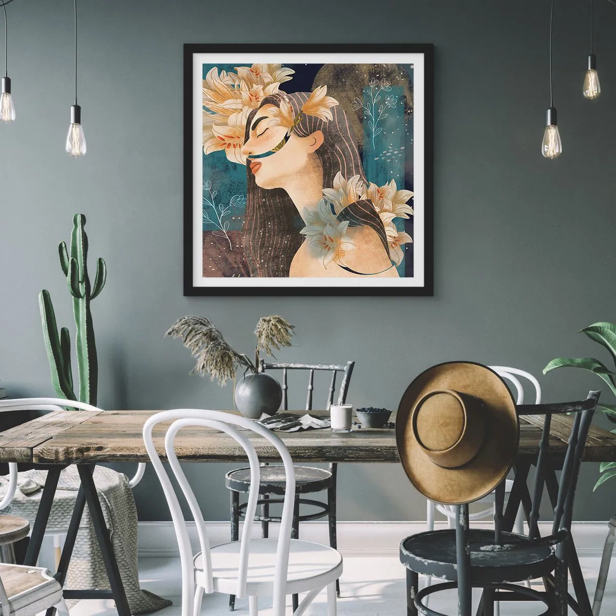 Poster in einem schwarzem Rahmen - Ein Märchen über eine Prinzessin mit Lilien - 50x50 cm