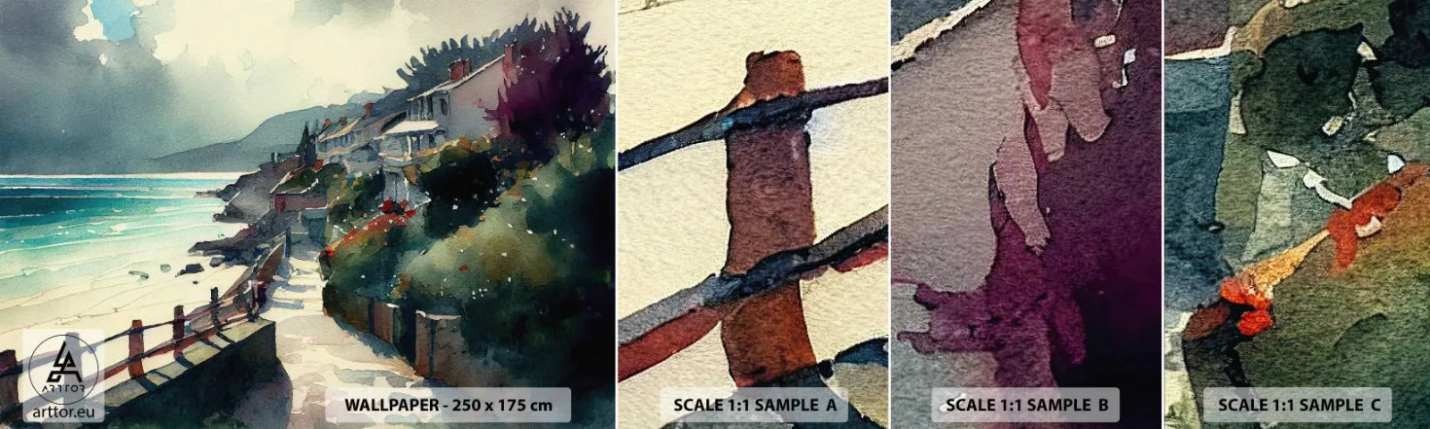 Fototapetenmuster Standard Eco - Mittelmeerstadt - Häuser, Landschaft, Strand - 100x30 cm