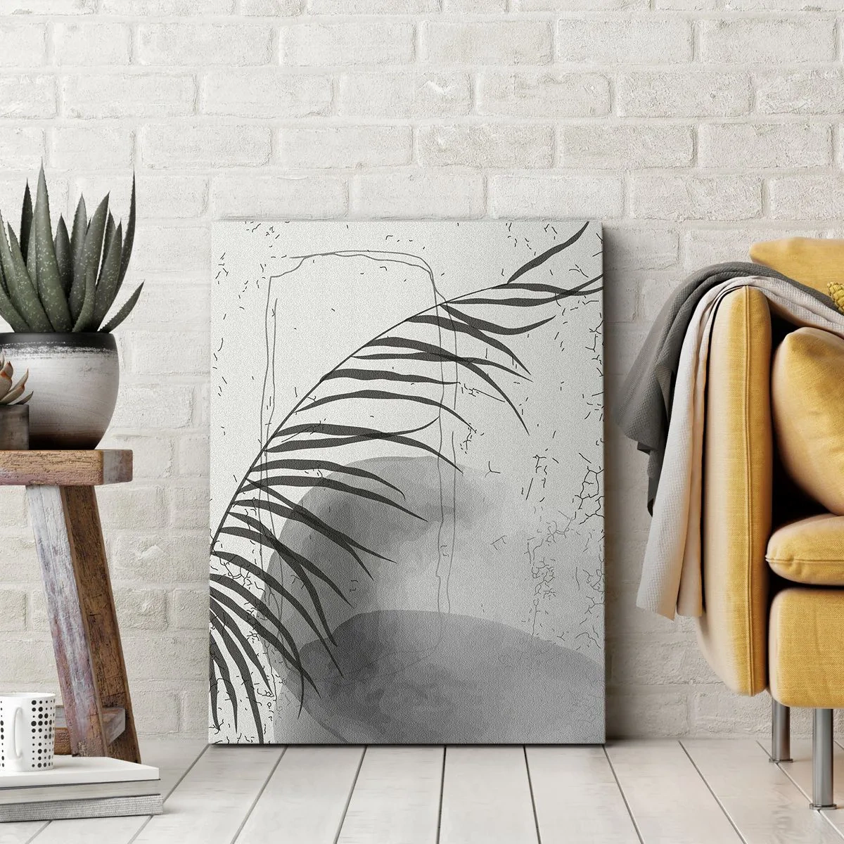 Bild auf Leinwand - Leinwandbild - Ein zartes Palmblattmotiv auf hellem Untergrund im skandinavischen Stil. - 50x70cm - Subtile Exotik der Natur - Moderne Wanddekoration für Wohnzimmer und Schlafzimmer ARTTOR